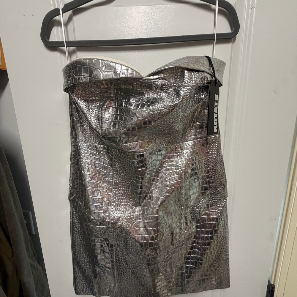 Rotate Silver Croc-Embossed Strapless Mini Dress